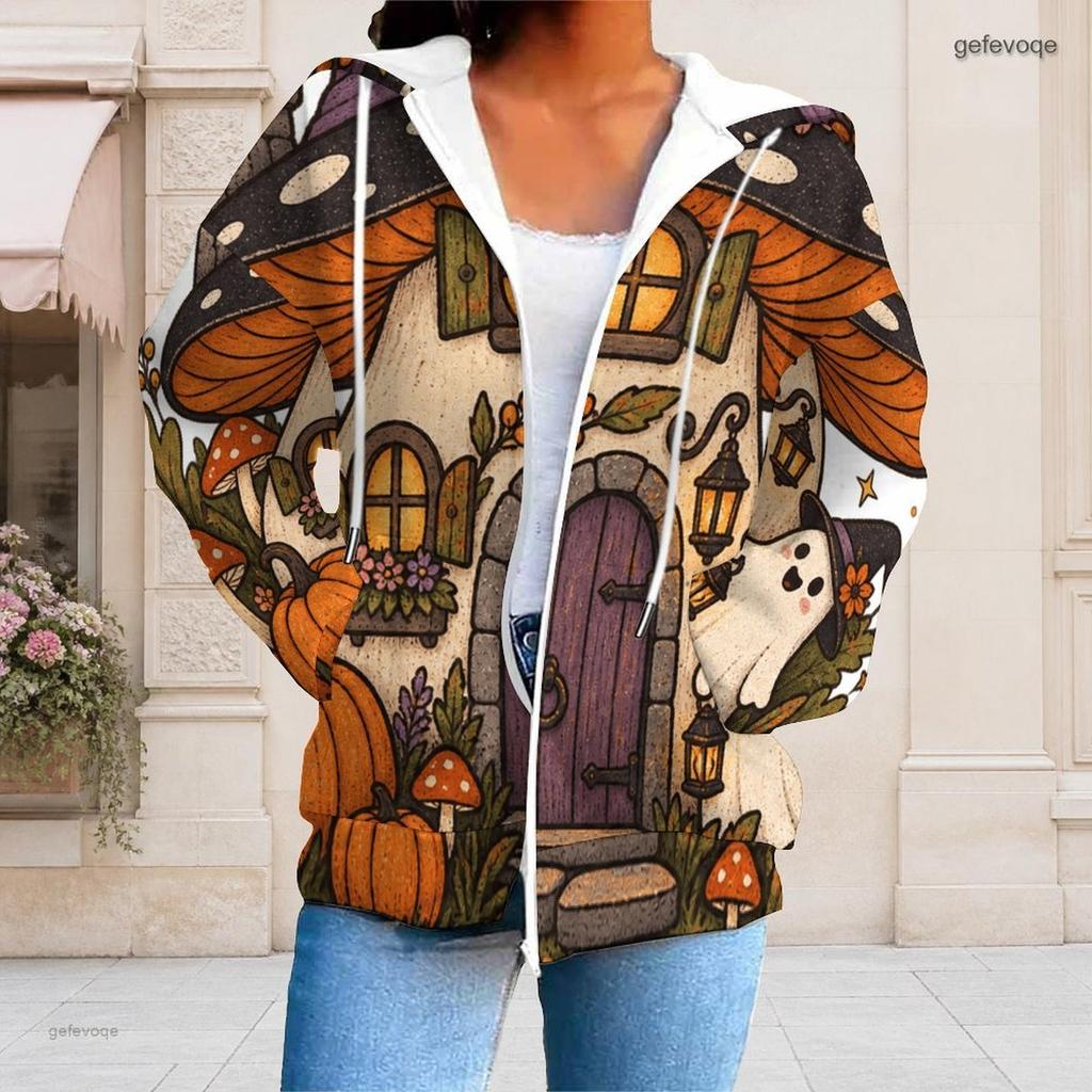 Women Plus Size Zip Up Long Sleeve Hoodie Drawstring Hood Pockets Halloween Cartoon Print Sweatshirt