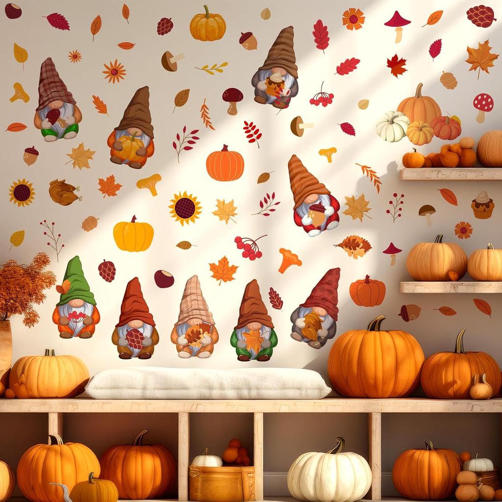 6 Sheets 85 Pcs Thanksgiving Gnome Wall Decals Fall Autumn Harvest Wall Decals Gnome Pumpkin Sunflower Maple Leaves Window Clings for Home Living