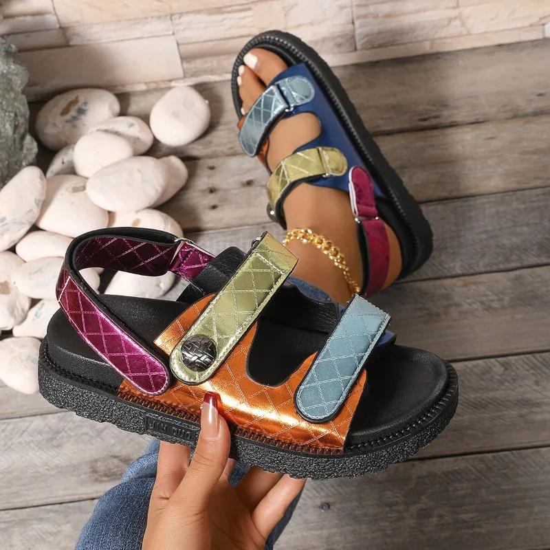 Bright Colored Upper Sandals with Comfortable Interior Velcro with Eagle Shaped Edges Thick Sole Large Size Flat Beach Sandals