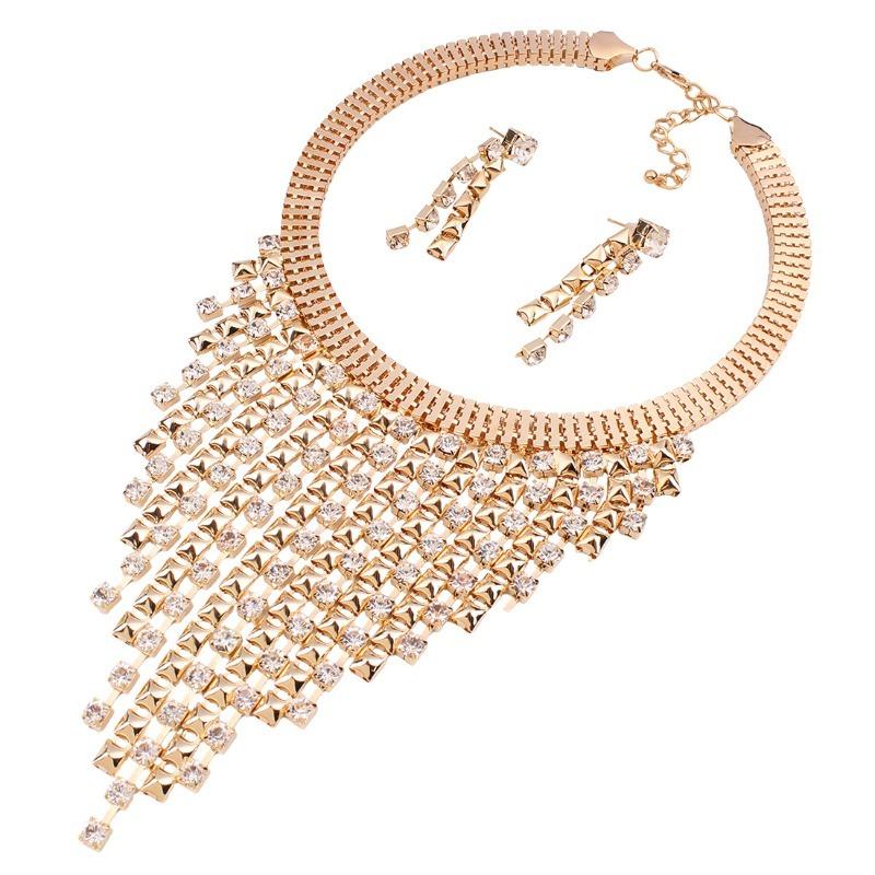 Stylish Multi-layer Fringed Diamond Necklace Earrings Collar Jewelry