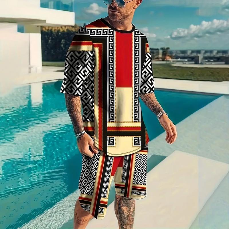 Men's Summer Cool Set Retro Clock Print T-shirt Men's Classic Round Neck Short Sleeve Shorts Set Street Beat Breathable Clothing