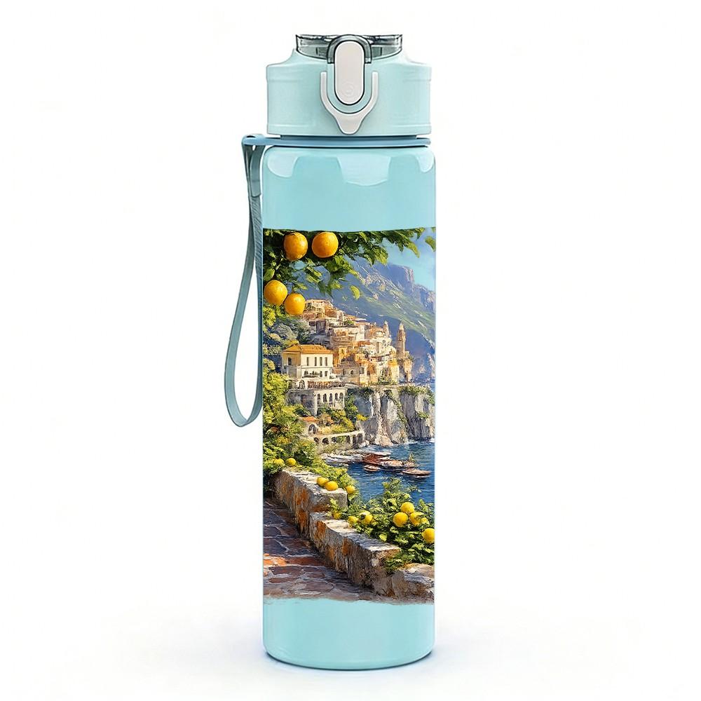 1PC Mountain Village Coast Landscape Print 750ml Color Plastic Sports Water Bottle Leakproof Flip Straw Lid Suitable for Sports Office Home Use