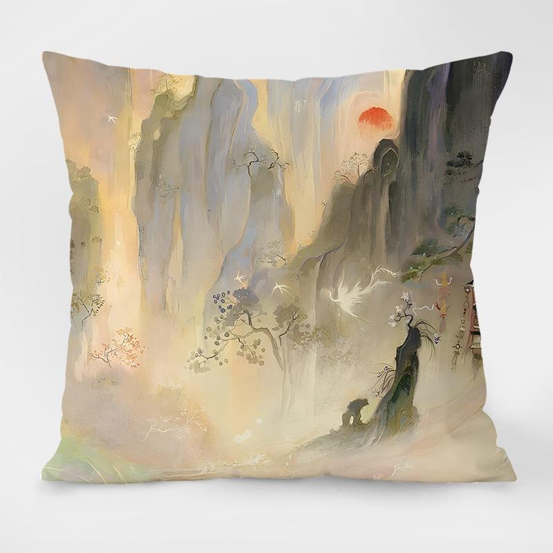 Landscape Painting Retro Pattern Decorative Pillowcase Living Room Bedroom Square Cushion Pillowcase