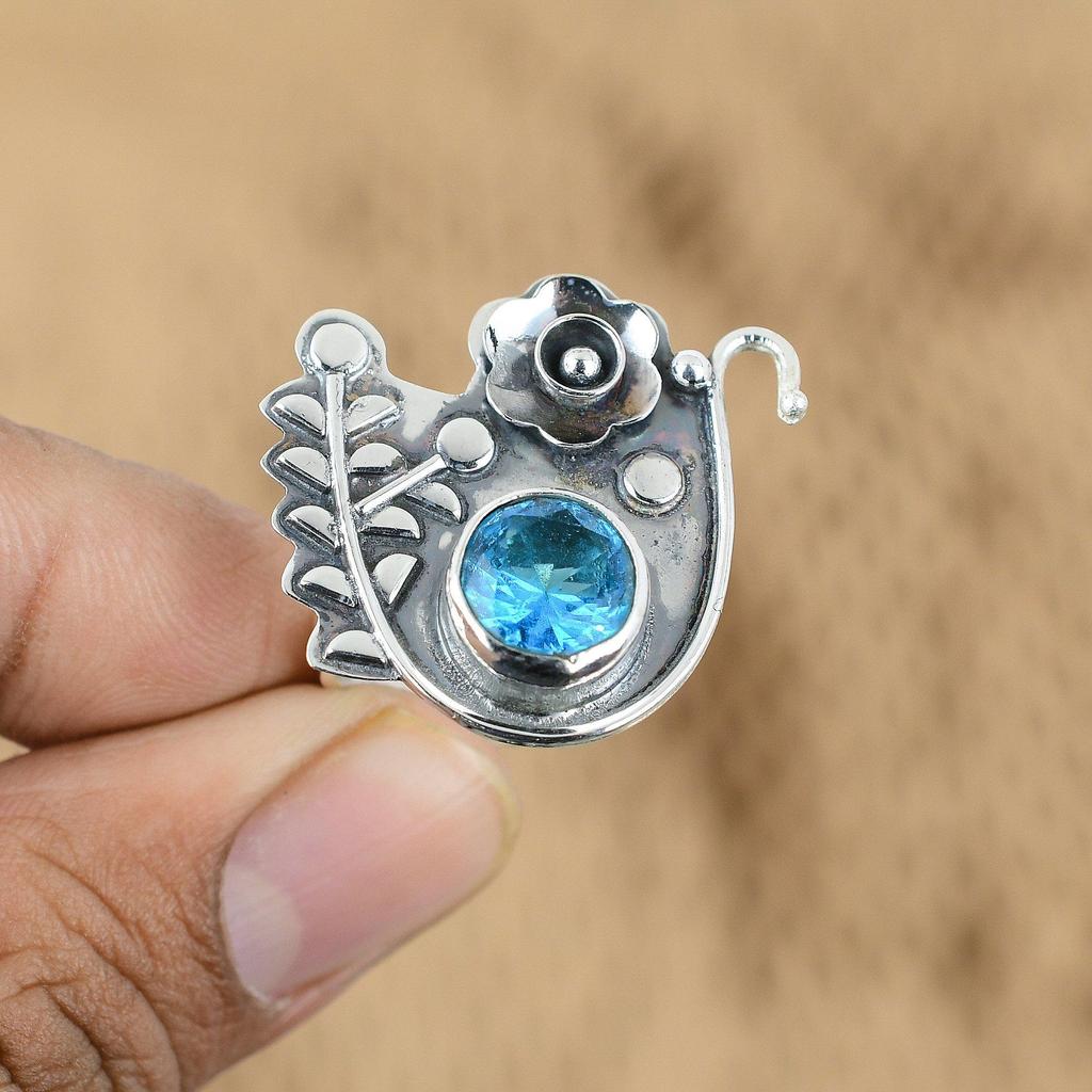 925 Silver Natural Swiss Blue Topaz Flower Wedding Promise Mother Ring Jewelry