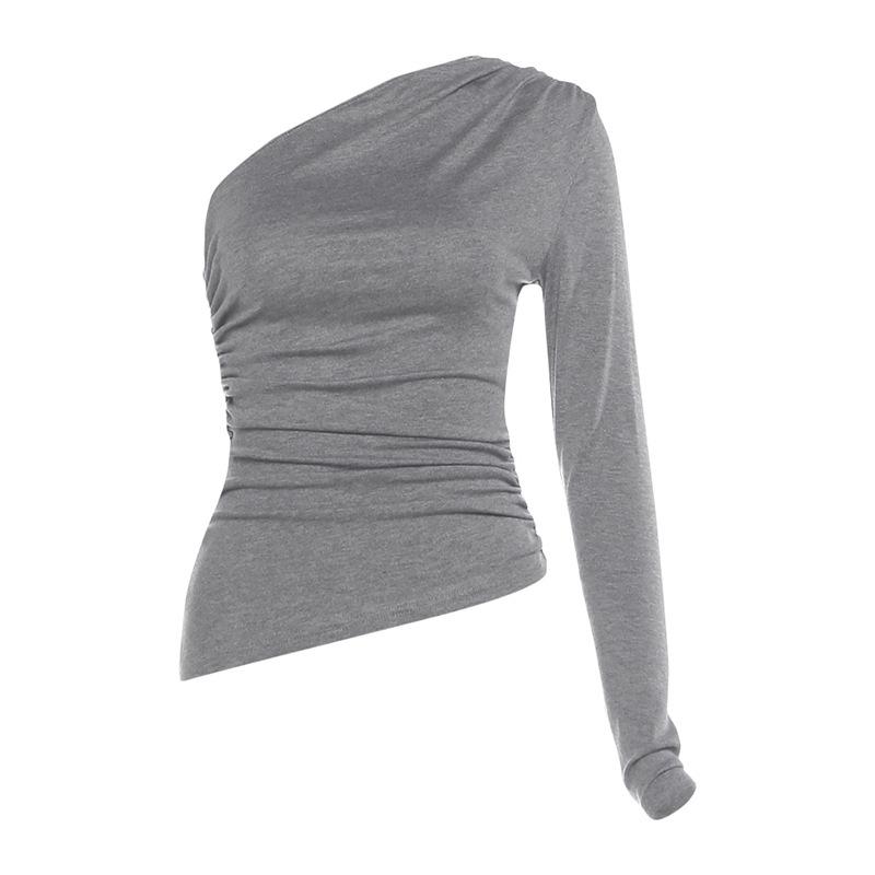 

Autumn new women s clothing, Yi Mengling, the same fashion Spice Girl diagonal collar off-shoulder single rotator sleeve slim-fitting and thin top S серый