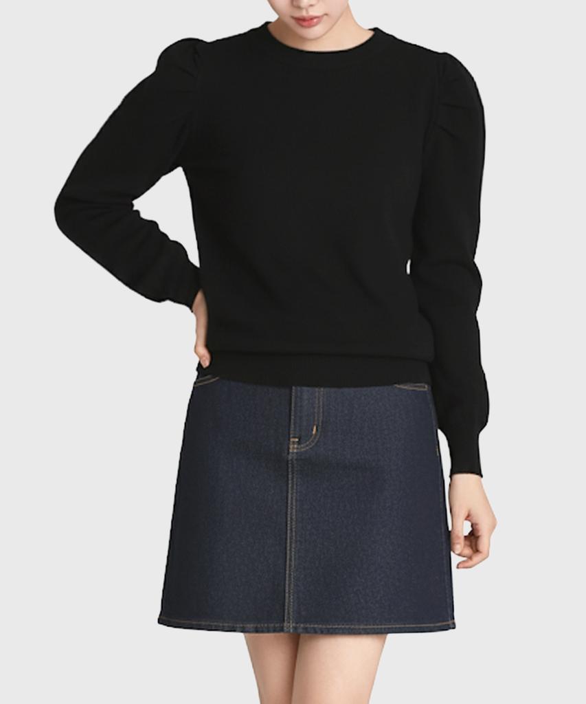 Keulleiseu Round Neck Puff Sleeve Knit_Black