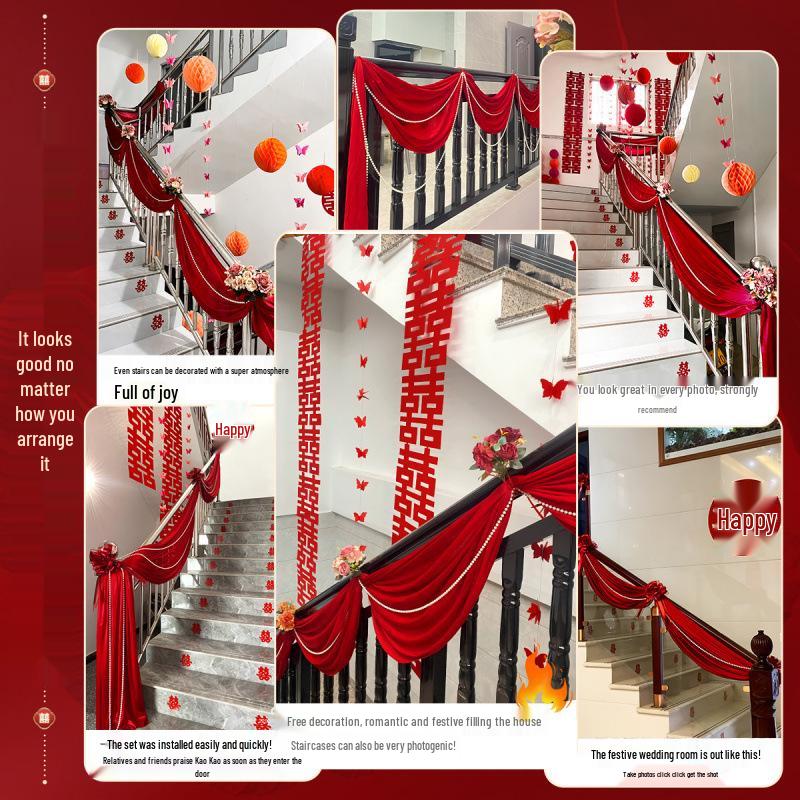Bridal Stair Railing Drapes & Flower Set for Weddings and Engagements