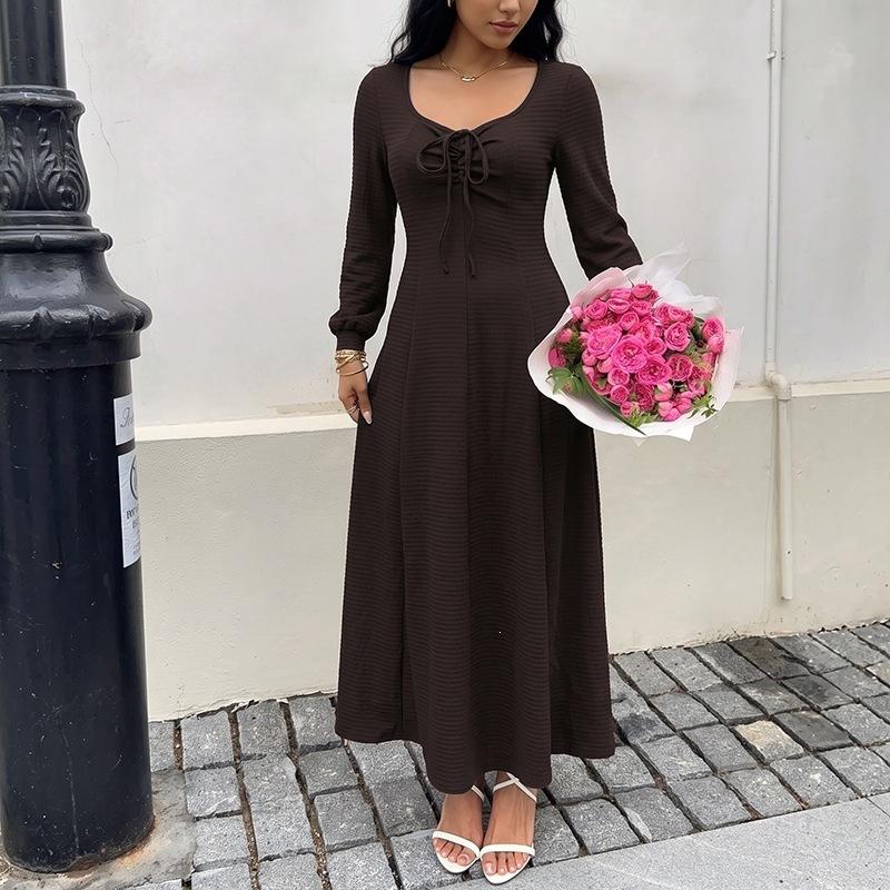 New Elegant Style Pure Color Texture Long Dress