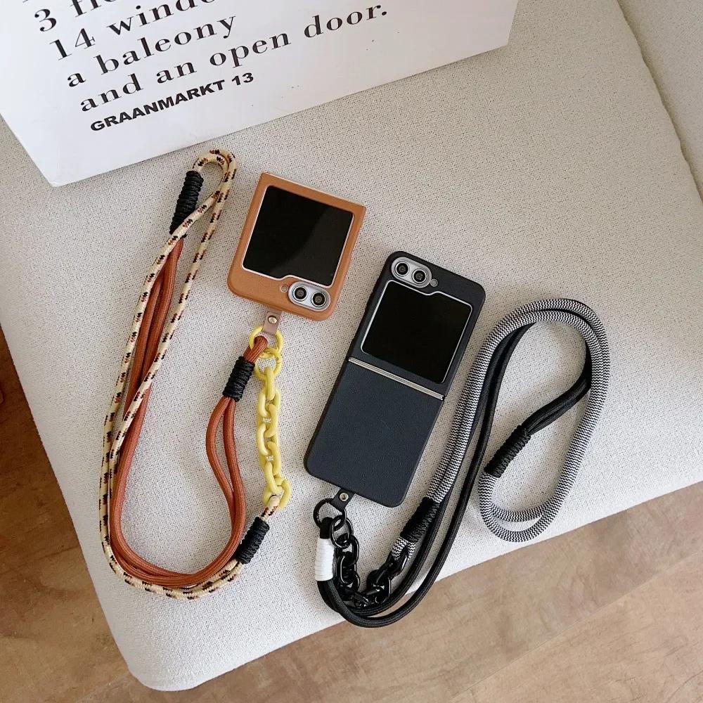 Simple Plain Leather Pattern Crossbody Lanyard Phone Case for Samsung Z Flip 6 5 4 3 Flip6 Flip5 Flip4 Flip3 5G Protective Cover
