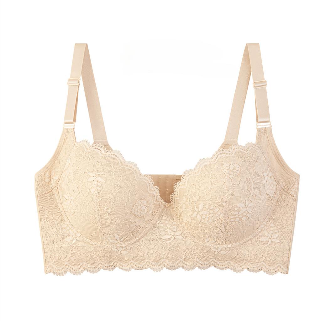 Large Size Thin Cup Lace Underwear for Women with Side Breast Adjustment and Underwire Bra