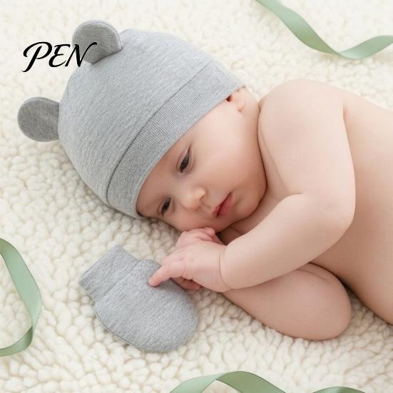 Minimalist Baby Outfit Newborn Hat Gloves And Booties Set, Cotton Infant Bear Ears Anti Scratch Care Gift Set Mittens & Foot Protectors for
