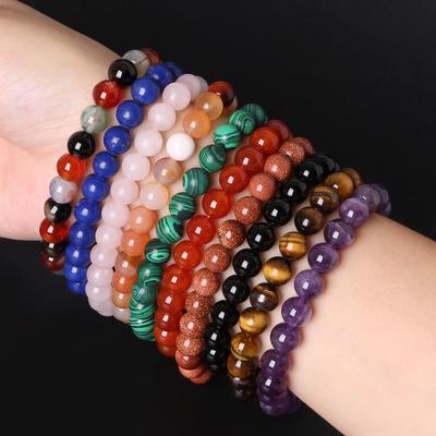 Natürlicher Stein Glücksbändchen für Damen Herren, 19CM Dehnbares Perlenarmband, Runde Edelstein Schmuck