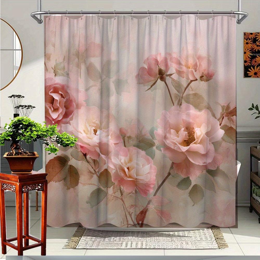 

1Pc Floral Fun Shower Curtain - Vibrant Pink Roses & Green Leaves Design, Polyester Fabric Bathroom Decor With 12 Hooks, W60H190(CM)-1 Pcs