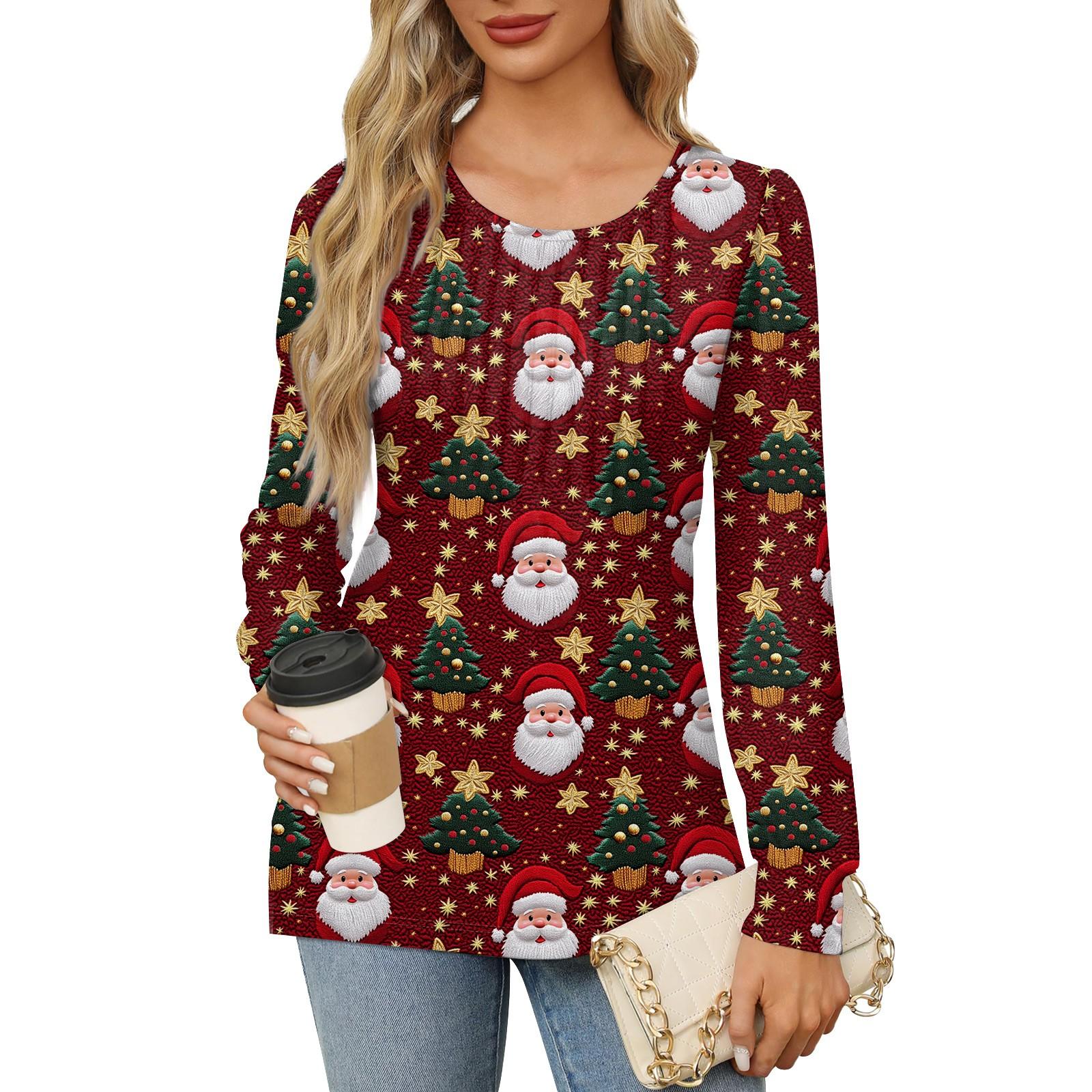 

Женская мода повседневная плиссированная круглая горловина с рождественским принтом длинный рукав топ S винный