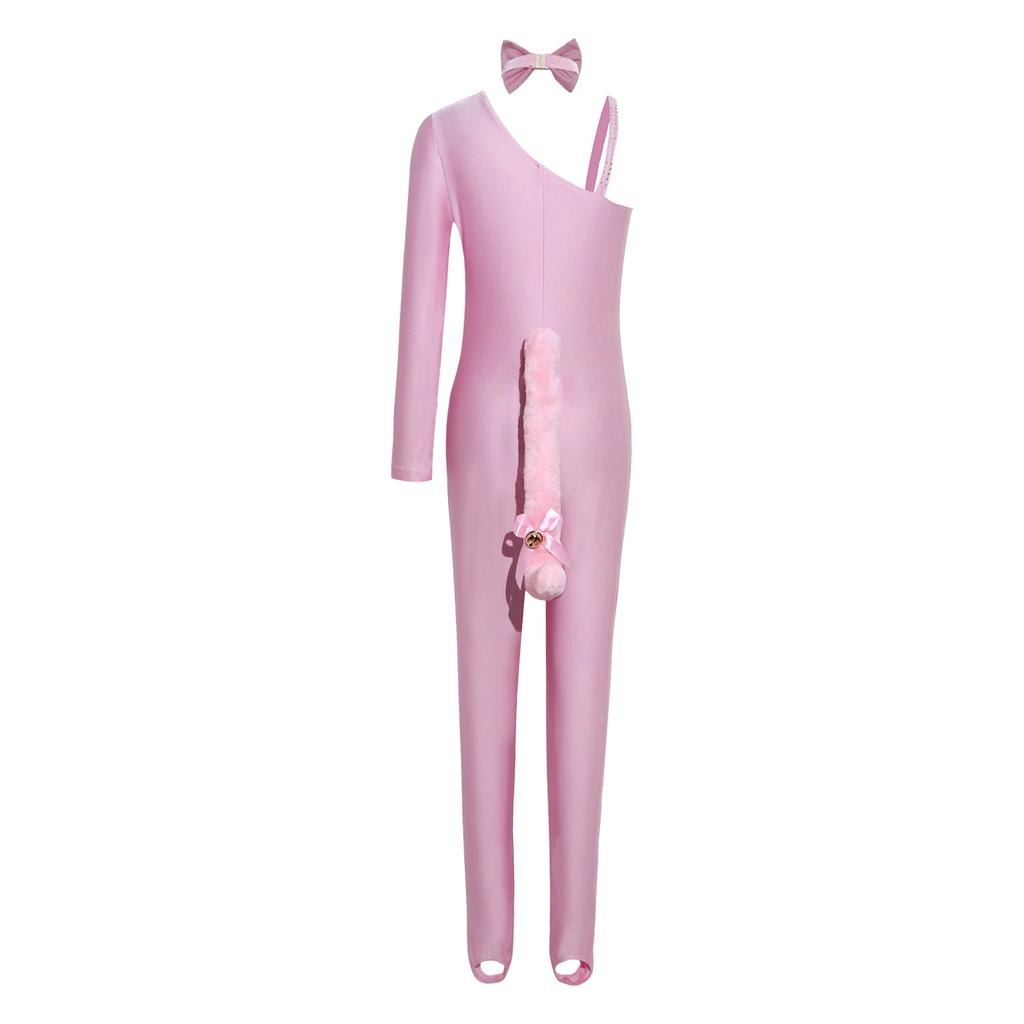 Girls Cat Cosplay Leotard Jumpsuit Sparkly Rhinestones Asymmetrical Sleeves with Tail Long Pants and Bowtie for Halloween Costume Party