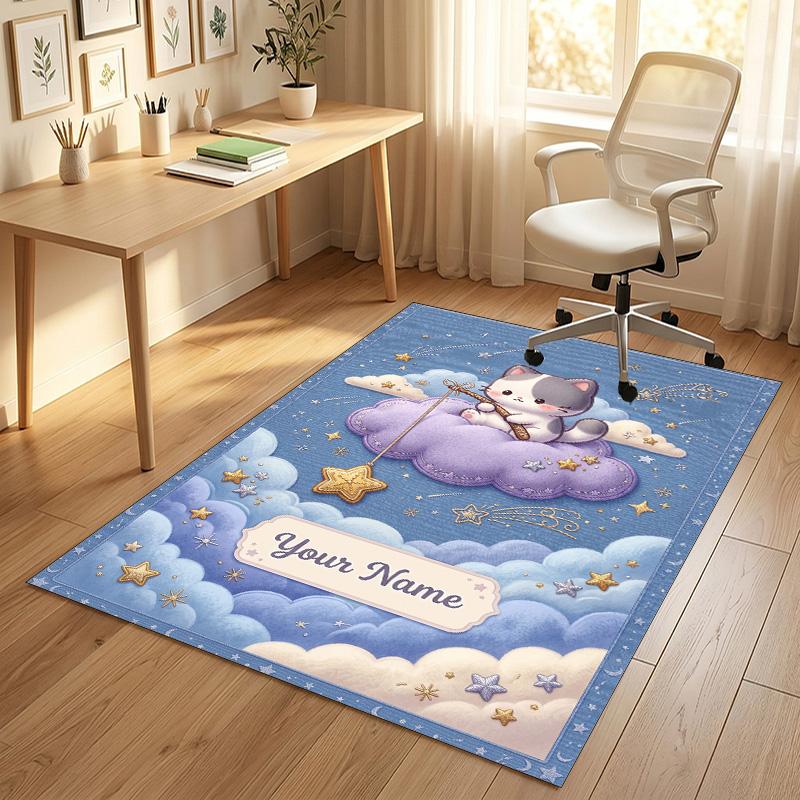 Cat Art Theme Soft Crystal Velvet Rug Custom Name & Text Print Non Slip Floor Rug for Bedroom Living Room