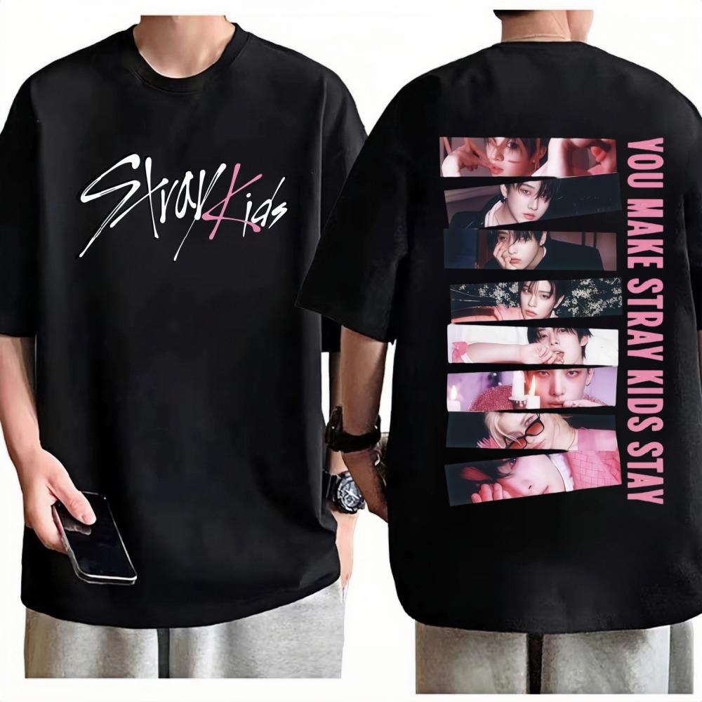 Unisex Stray Kids Karma Doppelseitiges Grunge-Stil-Collage-T-Shirt Baumwolle Rundhals Kurzarm KPop Lässiges Grafik-Oberteil