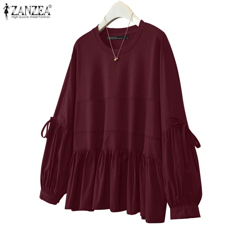 

ZANZEA Женская блузка с круглым вырезом, свободного кроя, повседневная, с длинным рукавом, однотонная 5XL вино красного