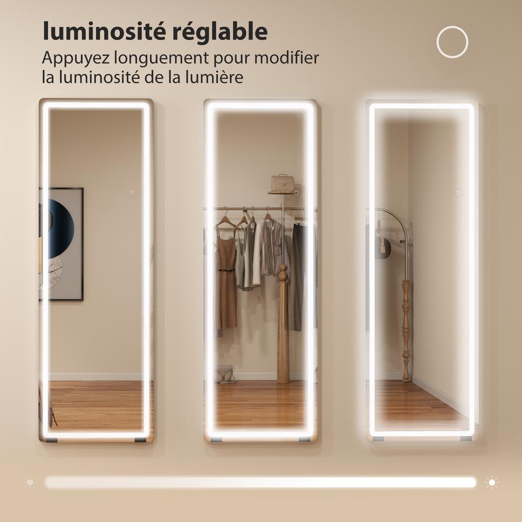 Freestanding LED Mirror, 150 x 50 cm, 3 Colors, Dimmable, Memory, 4 mm Tempered Glass, Clear