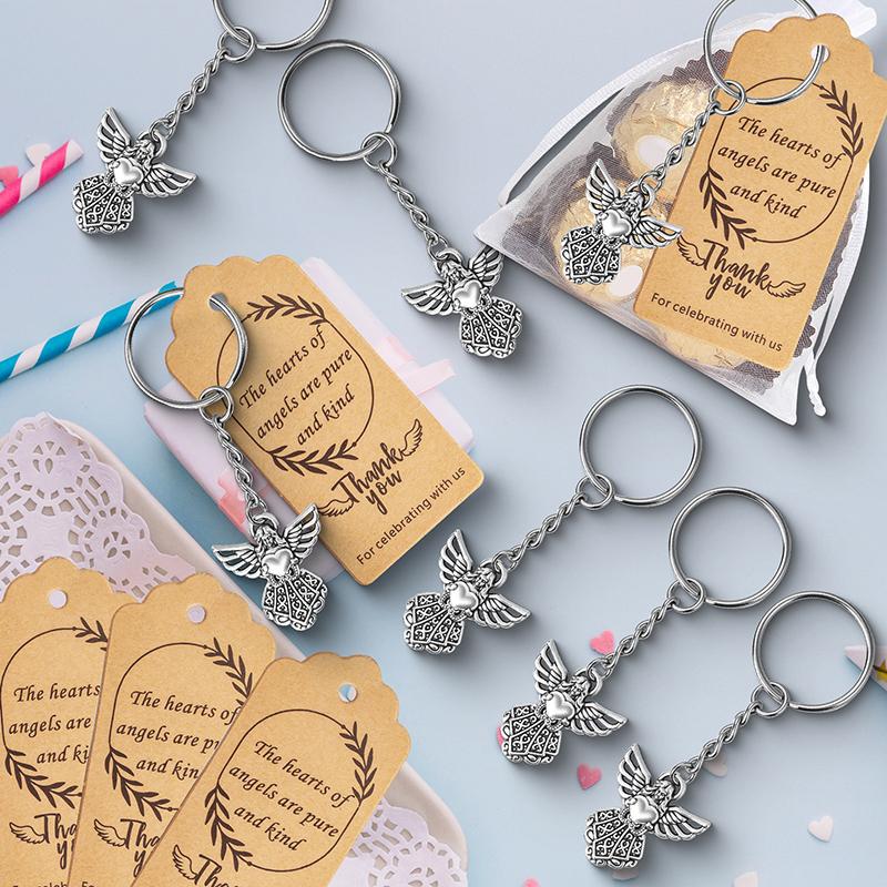 30 Set Angel Keychain Gift Bulk Thank You Gift Baptism Pendant Keychain Favor Key Ring With Thank You Tag Organza Bag