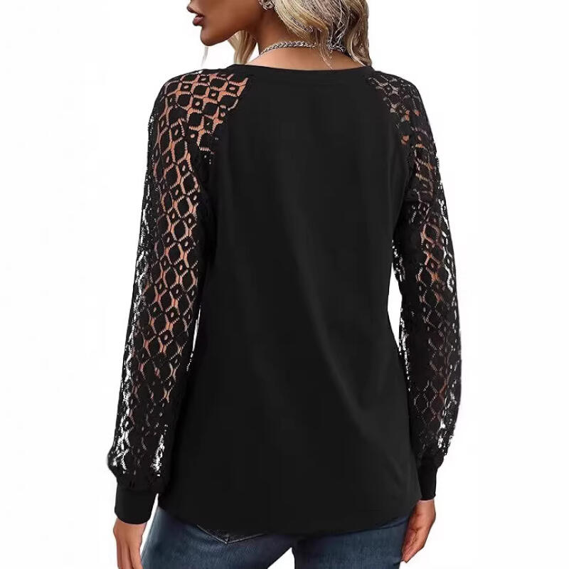 Elegant Lace Pleated Solid Color T-Shirts Women's V Neck Lantern Long Sleeved Tees Spring Summer Daily Casual Tops