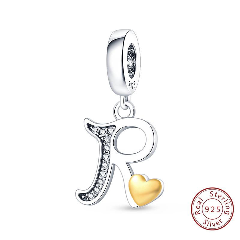 Classic Copper 26 Gold Color Heart Zircon Letter A-Z Charms Beads Fit Original Bracelets Diy Birthday Jewelry Gift