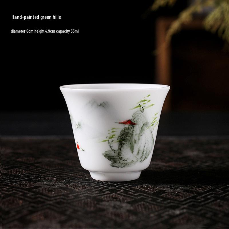 Lamb Fat Jade Hand-Painted Ceramic Gongfu Tea Set with Gaiwan, Tasting, and Host Cups