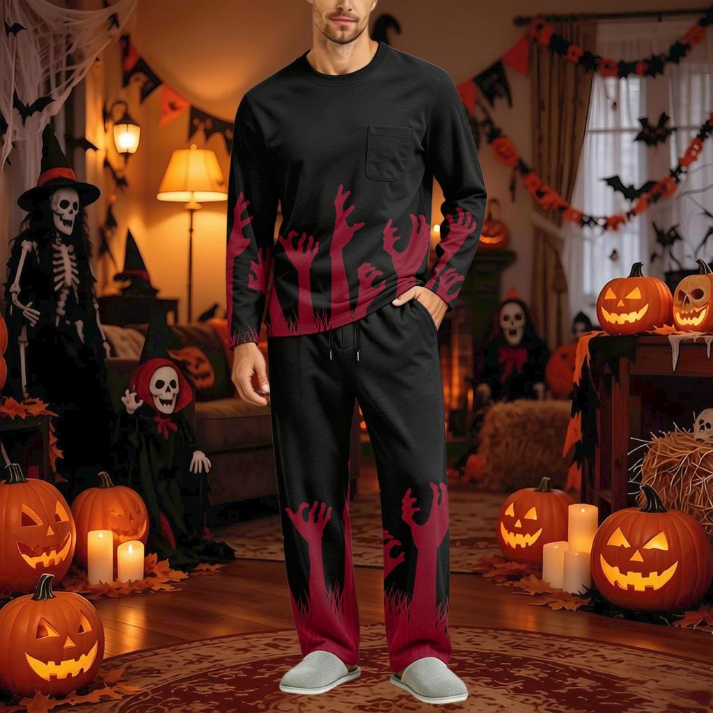 Men's Halloween Pajama Set Long Sleeve with Button Crotch and Elastic Waist Drawstring for Holiday Sleepwear