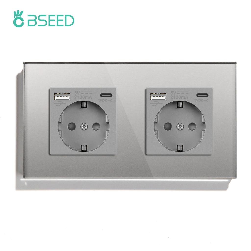 BSEED 1/2/3Gang Mechanical Light Switches 1Way Plus Wall Socket Type-c USB Power Outlets Crystal Glass Frame EU Standard Gray