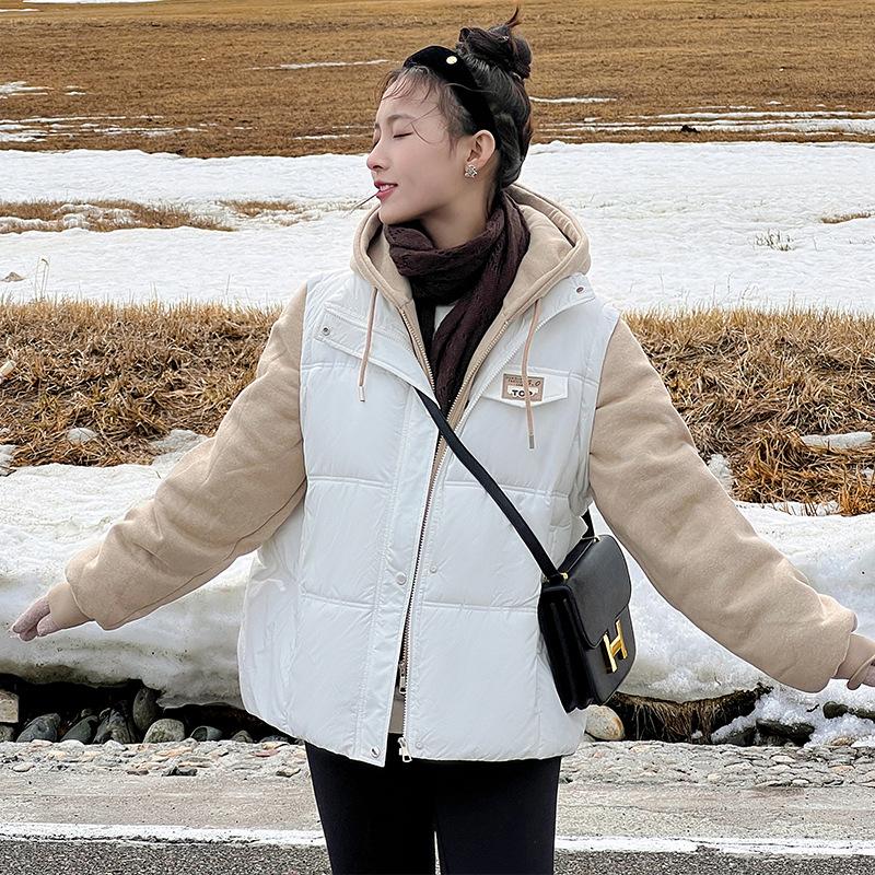 Fake two-piece cotton clothes women's short models winter 2025 new niche design loose contrasting color cotton-padded clothes student jacket