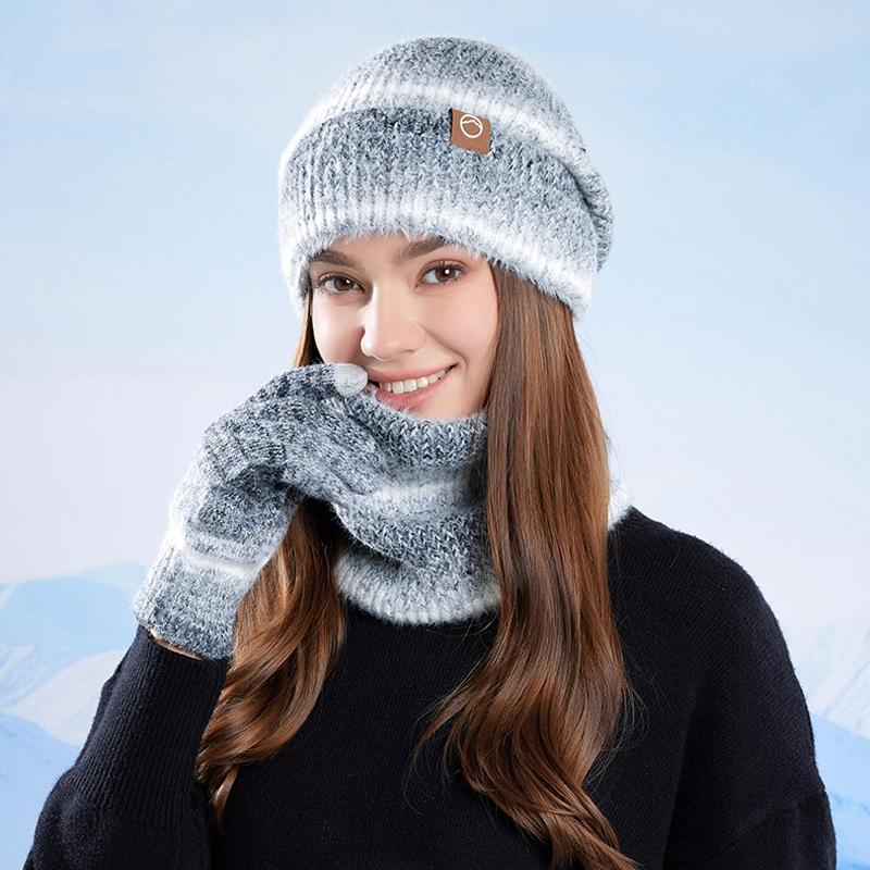 Hat Scarf Gloves Three-Piece Set Winter Outdoor Windproof Cold Warm Knitted Hat Women's Ear Guard Head Wool Hat