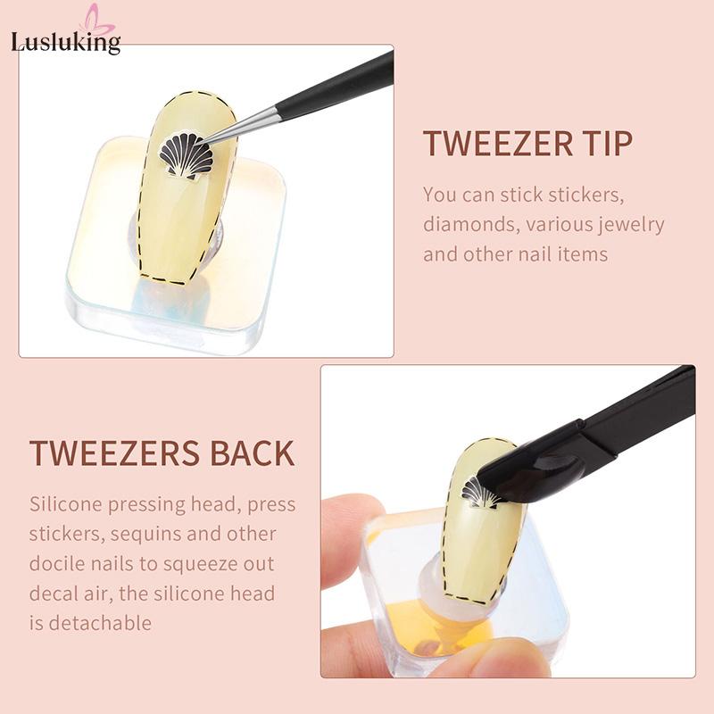 Double Headed Tweezers Multi-Use Tweezers Silicone Pressing Head Nail Clipping Tool Take Sticker Tape Crystal Manicure Tools