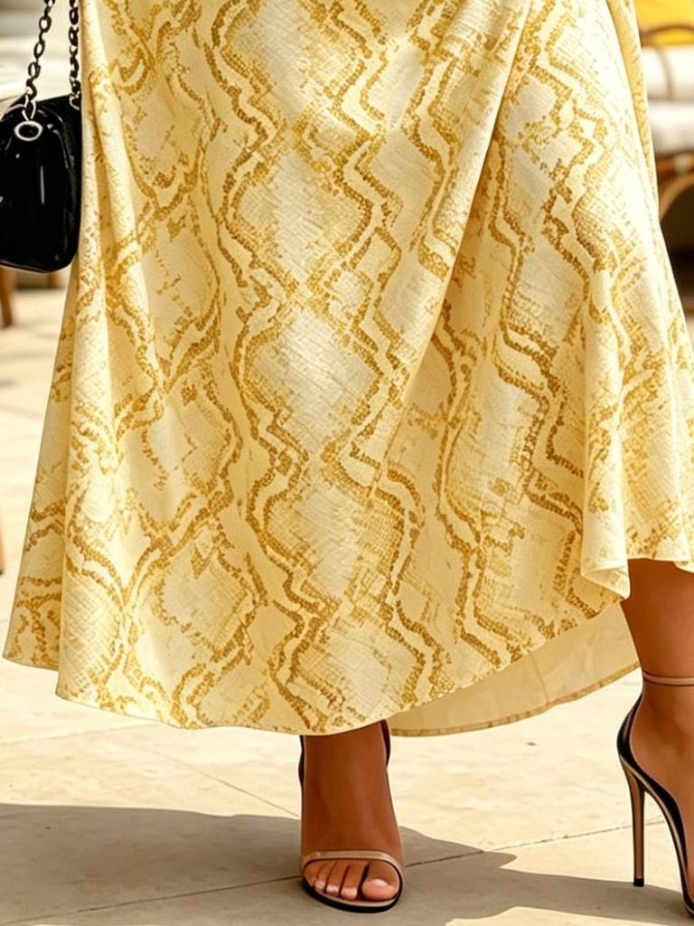 Women's Yellow Snake Print V Neck Flutter Sleeve A-Line Maxi Dress Casual Beach Dress