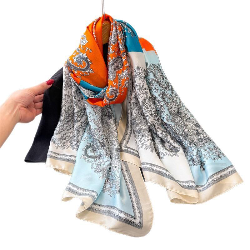 Retro Cashew Nut Simulation Silk New Silk Satin Fashion Sunscreen Spring And Summer Style Silk Scarf Long Scarf Shawl Versatile Headscarf Scarf