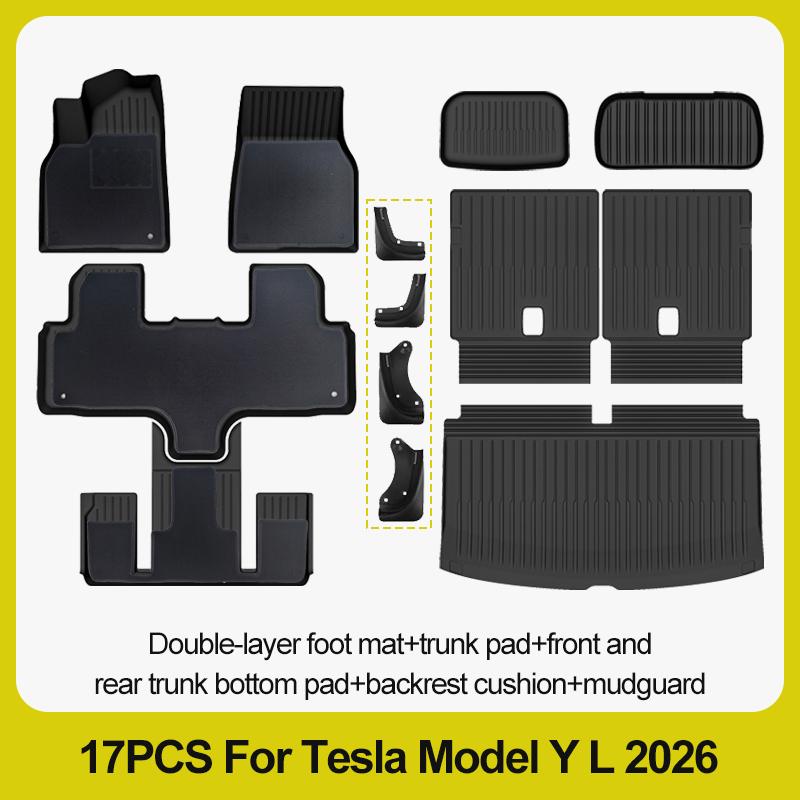 Tapis de sol 6 places pour Tesla Model Y L 2026+, tapis de coffre TPE 3 rangées, housse de siège arrière, doublure de coffre avant, plateau de