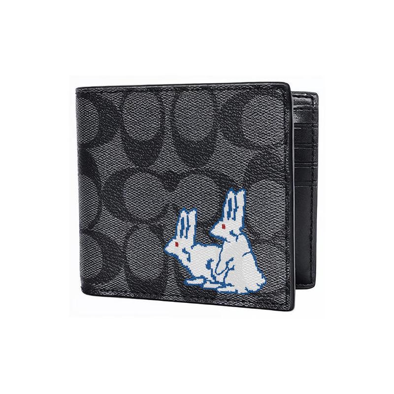 Coach [Customized Bag] 3 IN 1 Wallet Made of Magnolia Relief Printed Short Three-in-One Wallet Wallet Same Style for Men and Women Couples Black Bunny
