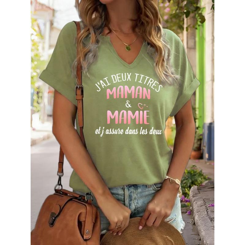 Damen V-Ausschnitt "J'ai Deux Titres Maman & Mamie" Grafik-T-Shirt, Französischer Slogan Print T-Shirt, Lässiges Kurzarm-Oberteil