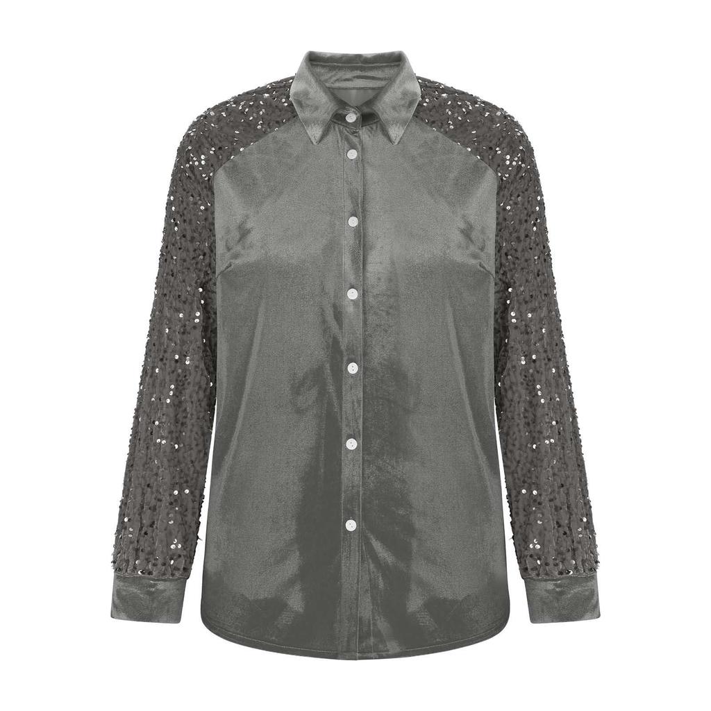 Haut chemise ample à manches longues en velours avec empiècements à paillettes pour femme - Automne