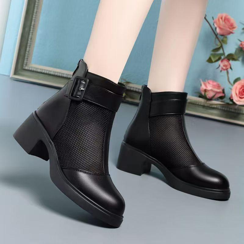 Women's Block Heel Leather Mesh Cool Boots Spring Summer New Thick Sole Non Slip Round Toe Breathable Zippers Ankle Boots
