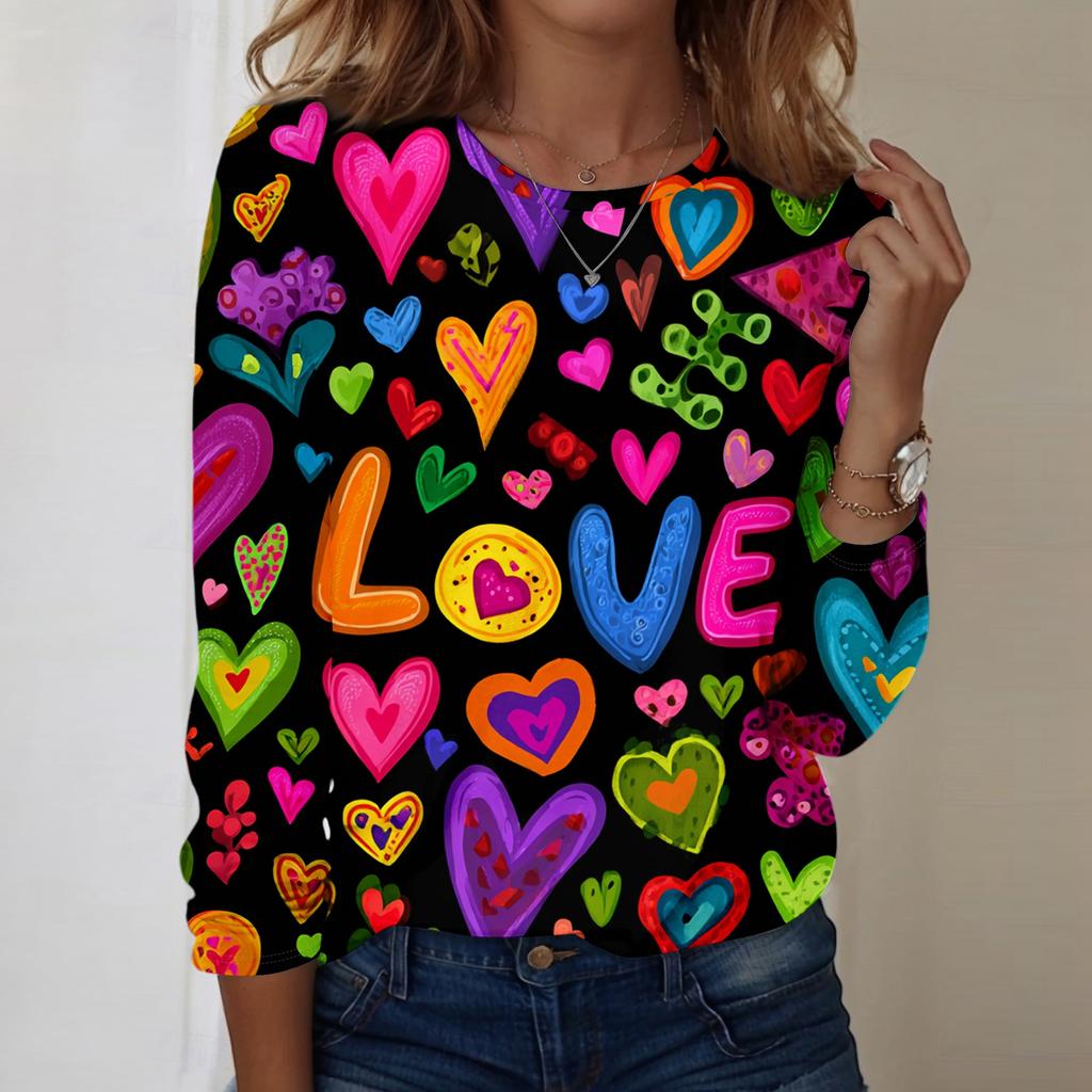 Women's Heart,shaped Printed Round,neck Loose Long,sleeved Top
