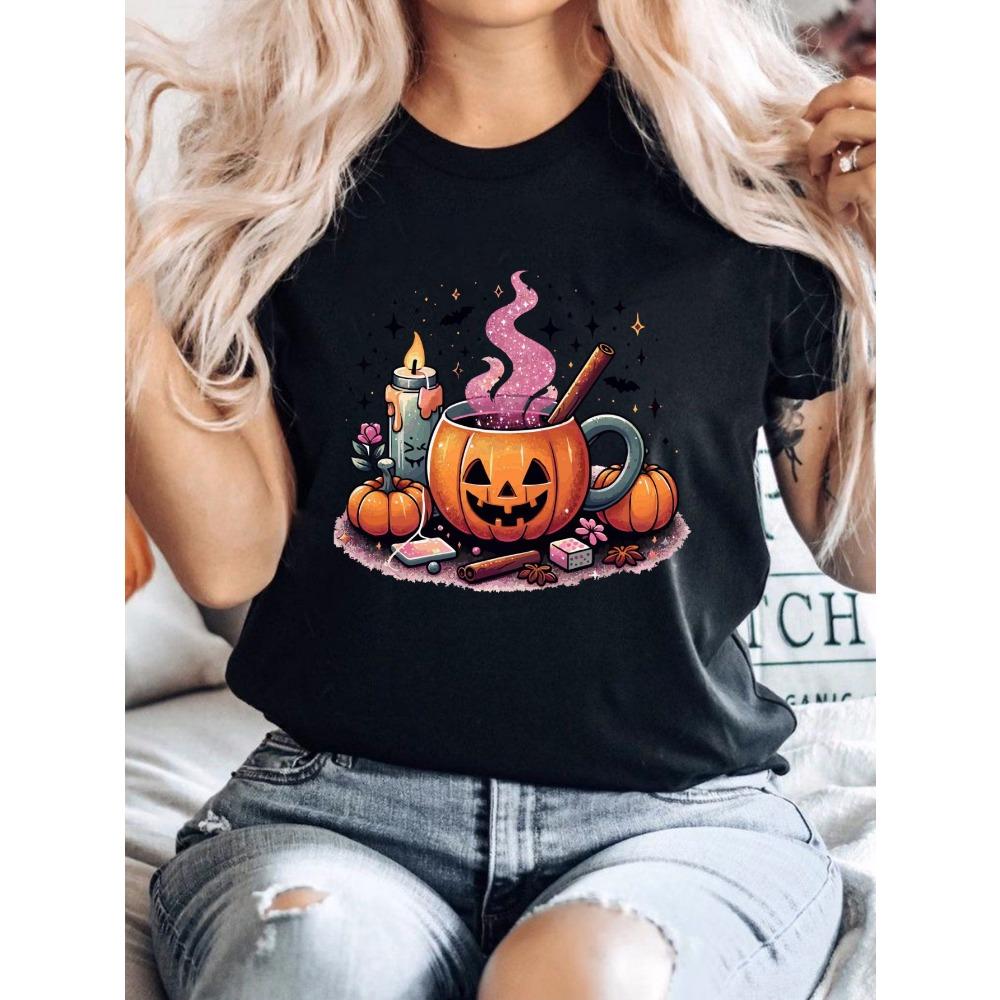 

Halloween themed T-shirt with skull and pumpkin design, perfect for wearing casual sleeve Harajuku streetwear T-shirt 6XL