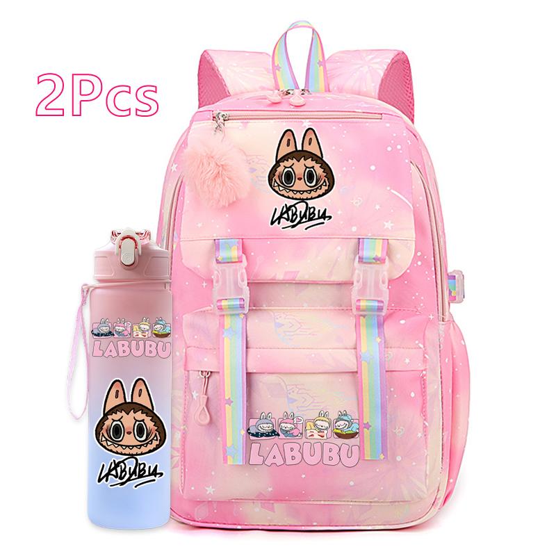 2Pcs/set Cute Cartoon Printed Backpack with 750Ml Outdoor Sports Water Bottle Student Girl Boy Schoolbag Large Capacity Travel Bag Gift