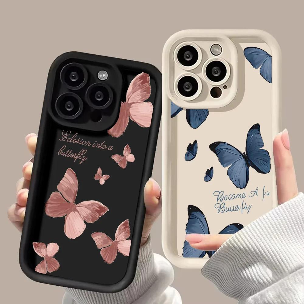 INS Retro Butterfly Phone Case For iPhone 16 11 12 13 14 15 Pro Max Plus XS Max X XR SE2 Shockproof Silicone Bumper Back Cover