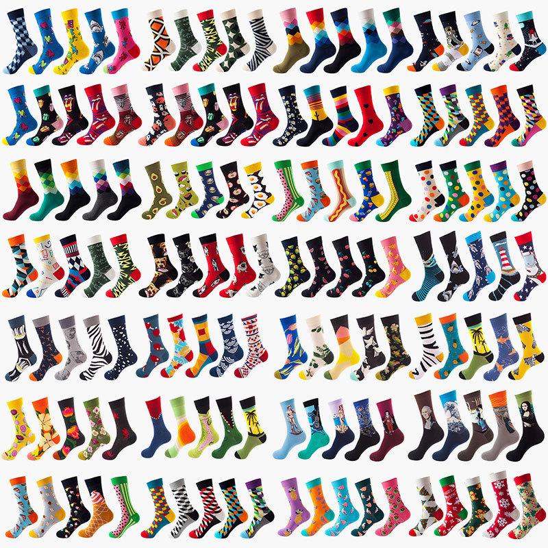 5 Pairs/Pack Couples Happy Funny Socks Cotton EU 37-43 Men Cartoon Fruits Flowers Animals Streetwear Harajuku Socks