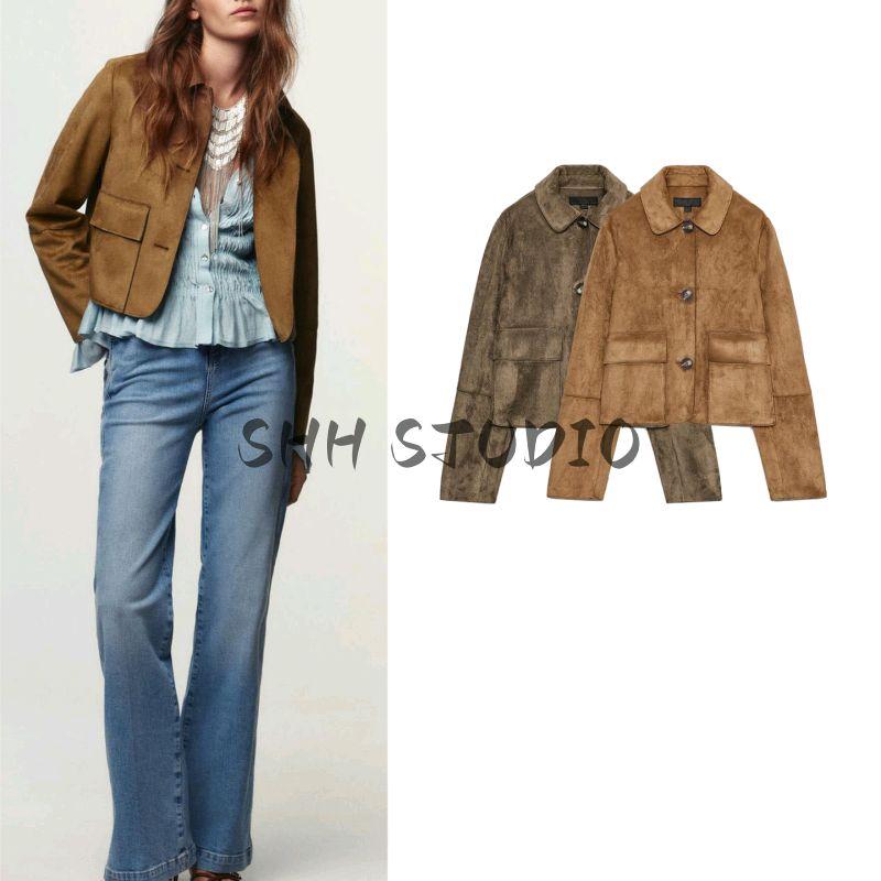 Fall New Women's Clothing American Lapel Long Sleeves Pu Suede Effect Short Jacket 4968224