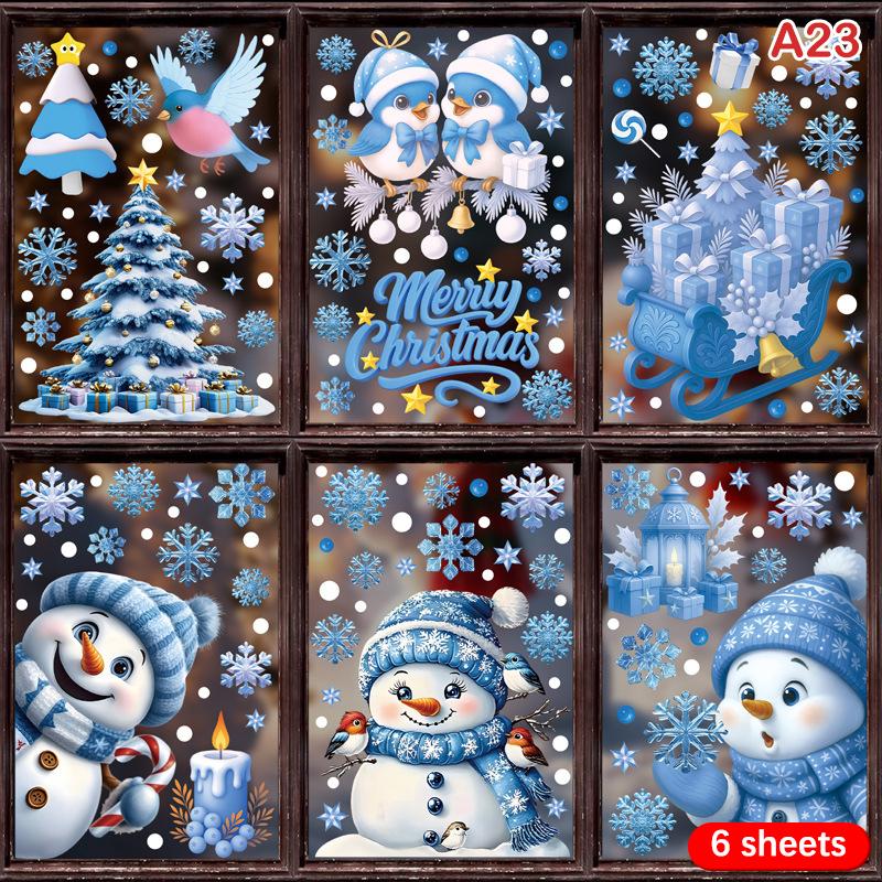 

Рождественские синие наклейки на окна снеговик Дед Мороз птица снежинка лось украшения Счастливого Рождества 2025 Счастливого года 2026