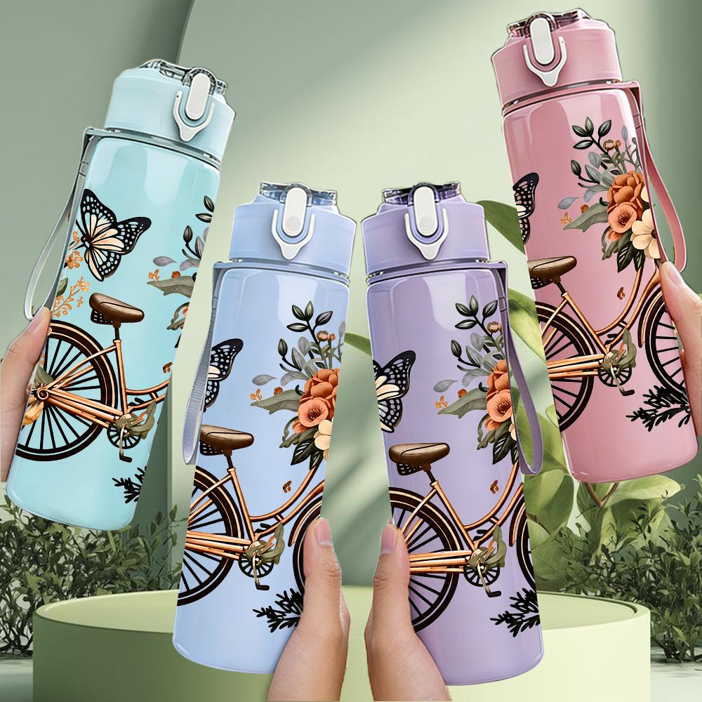 1PC Retro Bicycle Floral Basket 750ml Color Plastic Sports Water Bottle Leakproof Flip Straw Lid Suitable for Sports Office Home Use