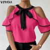 VONDA Women Cold Shoulder Ruffled Sleeve Bow Knot Casual Stitching Blouse