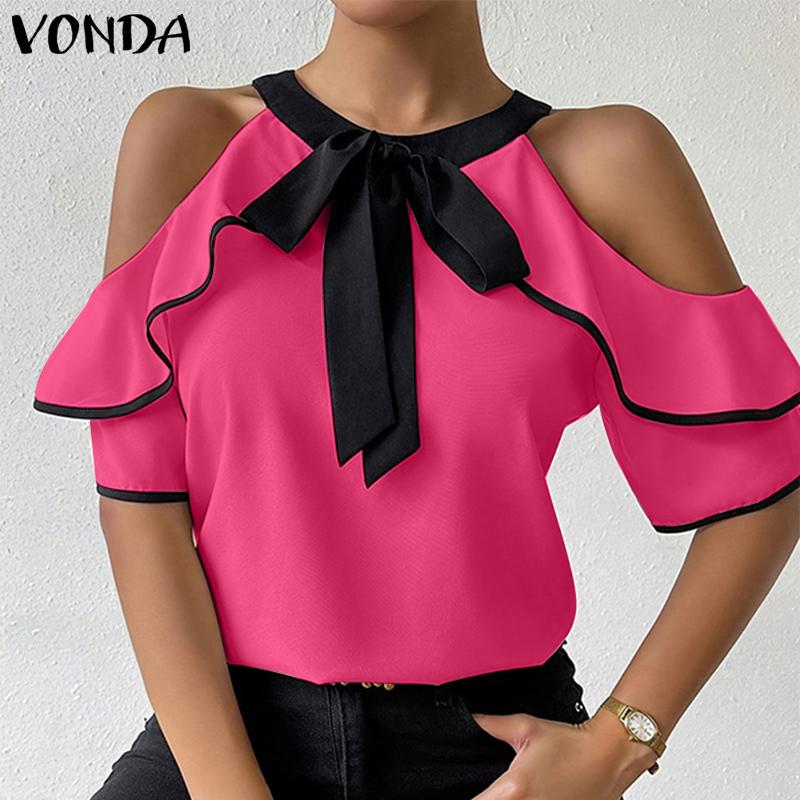 VONDA Women Cold Shoulder Ruffled Sleeve Bow Knot Casual Stitching Blouse