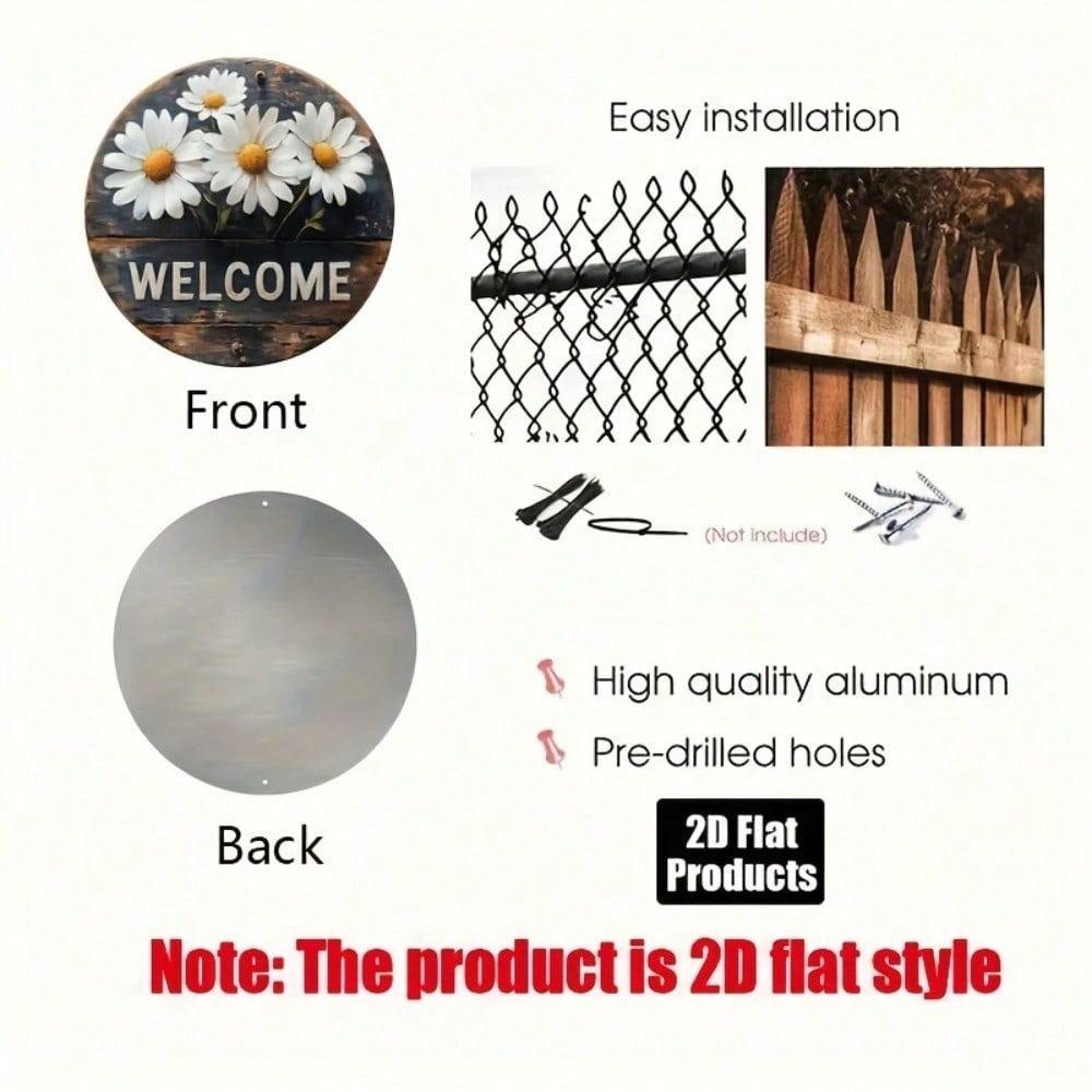 Welcome Daisy Round Metal Sign 2D Flat Aluminum Wall Art Home Bar Kitchen Cafe Decor Holiday Gift